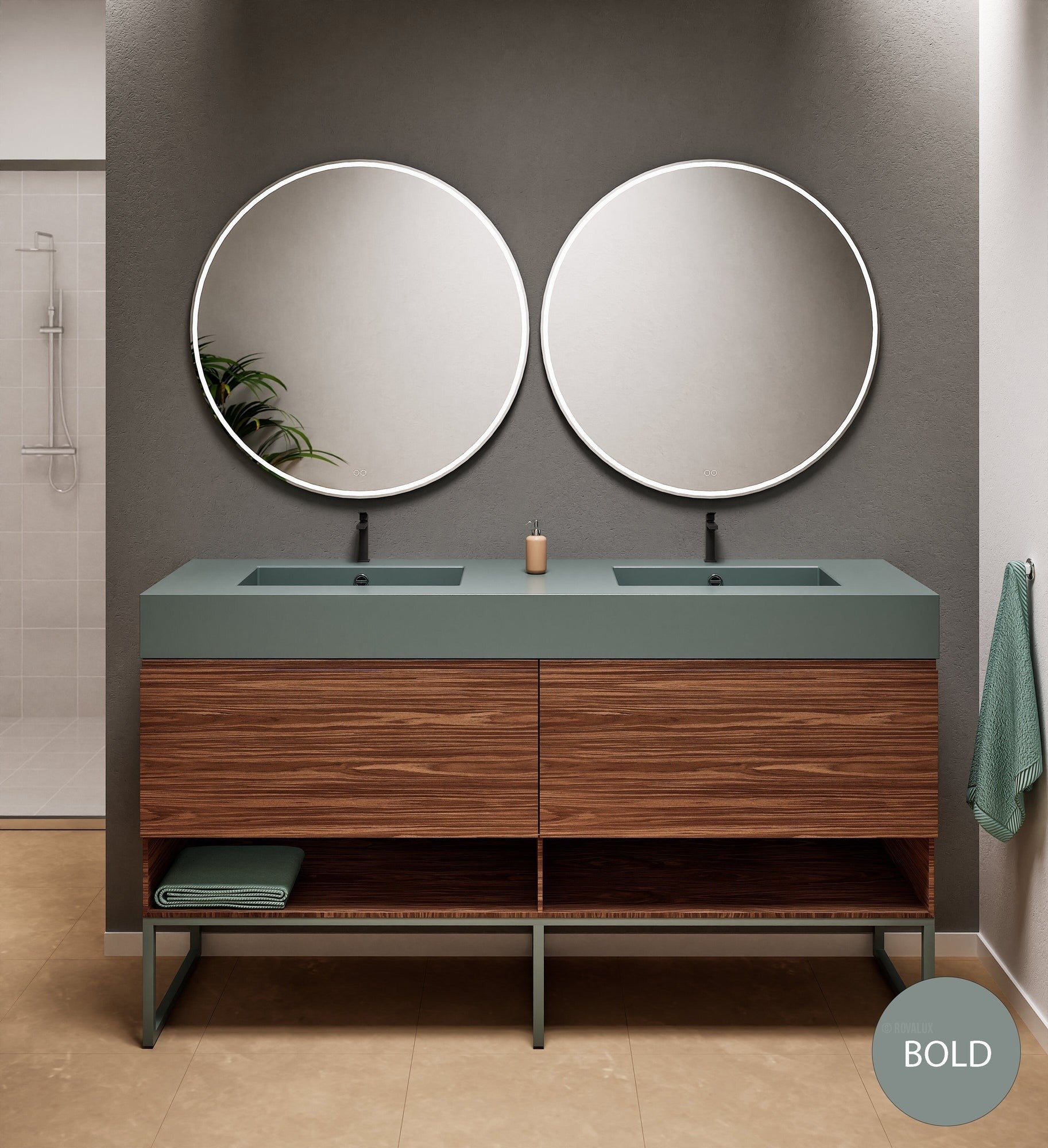 Aurora Double Set With Supporting Legs – Corian Sinks & Countertop with 2 Drawers Vanity & Bottom Shelves - ROVALUX