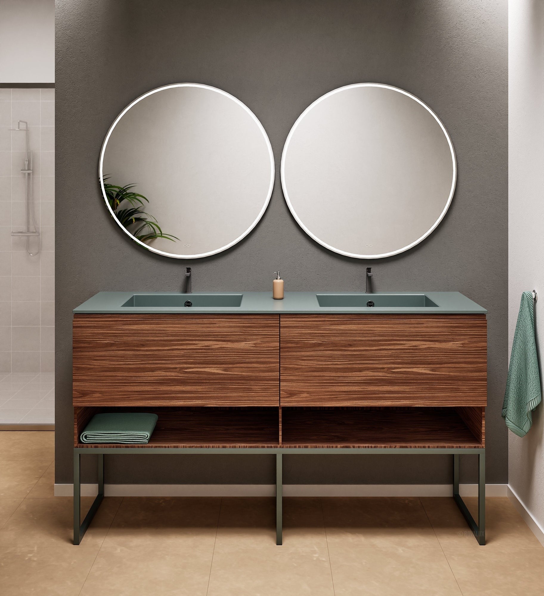 Aurora Double Set With Supporting Legs – Corian Sinks & Countertop with 2 Drawers Vanity & Bottom Shelves - ROVALUX
