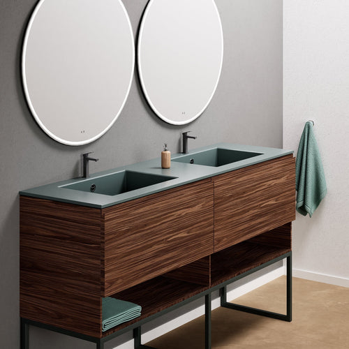 Aurora Double Set With Supporting Legs – Corian Sinks & Countertop with 2 Drawers Vanity & Bottom Shelves - ROVALUX