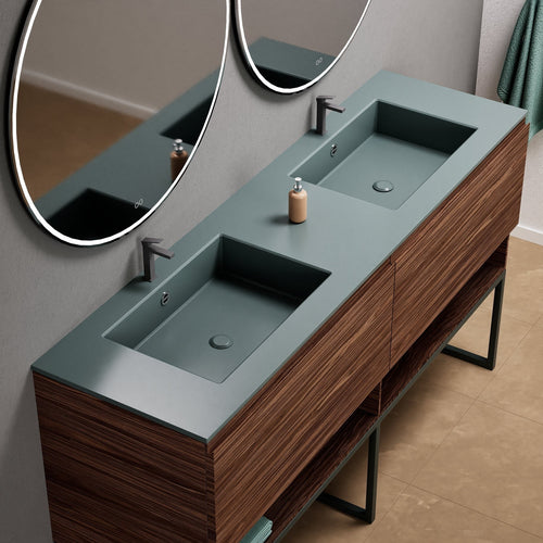 Aurora Double Set With Supporting Legs – Corian Sinks & Countertop with 2 Drawers Vanity & Bottom Shelves - ROVALUX