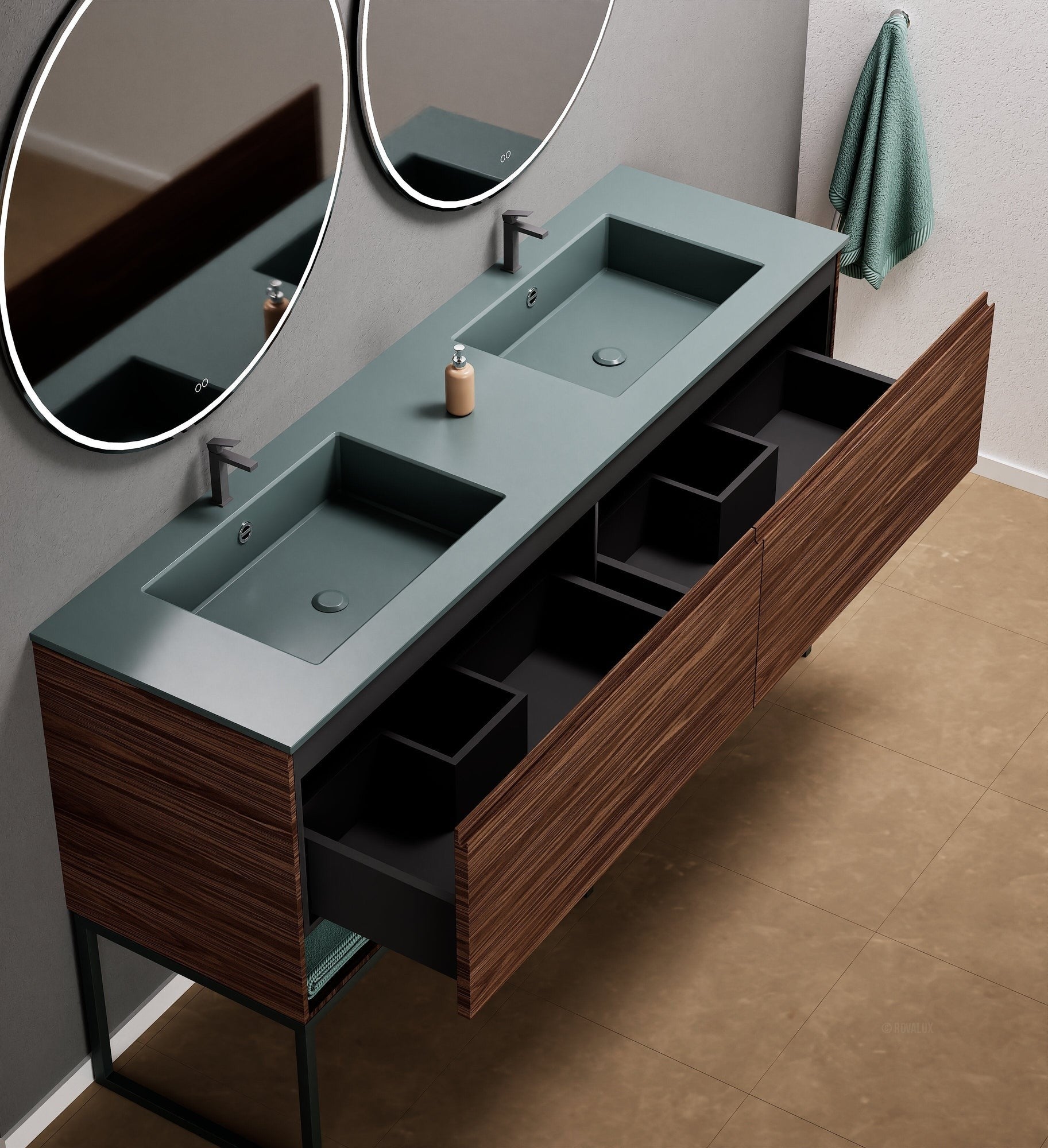 Aurora Double Set With Supporting Legs – Corian Sinks & Countertop with 2 Drawers Vanity & Bottom Shelves - ROVALUX