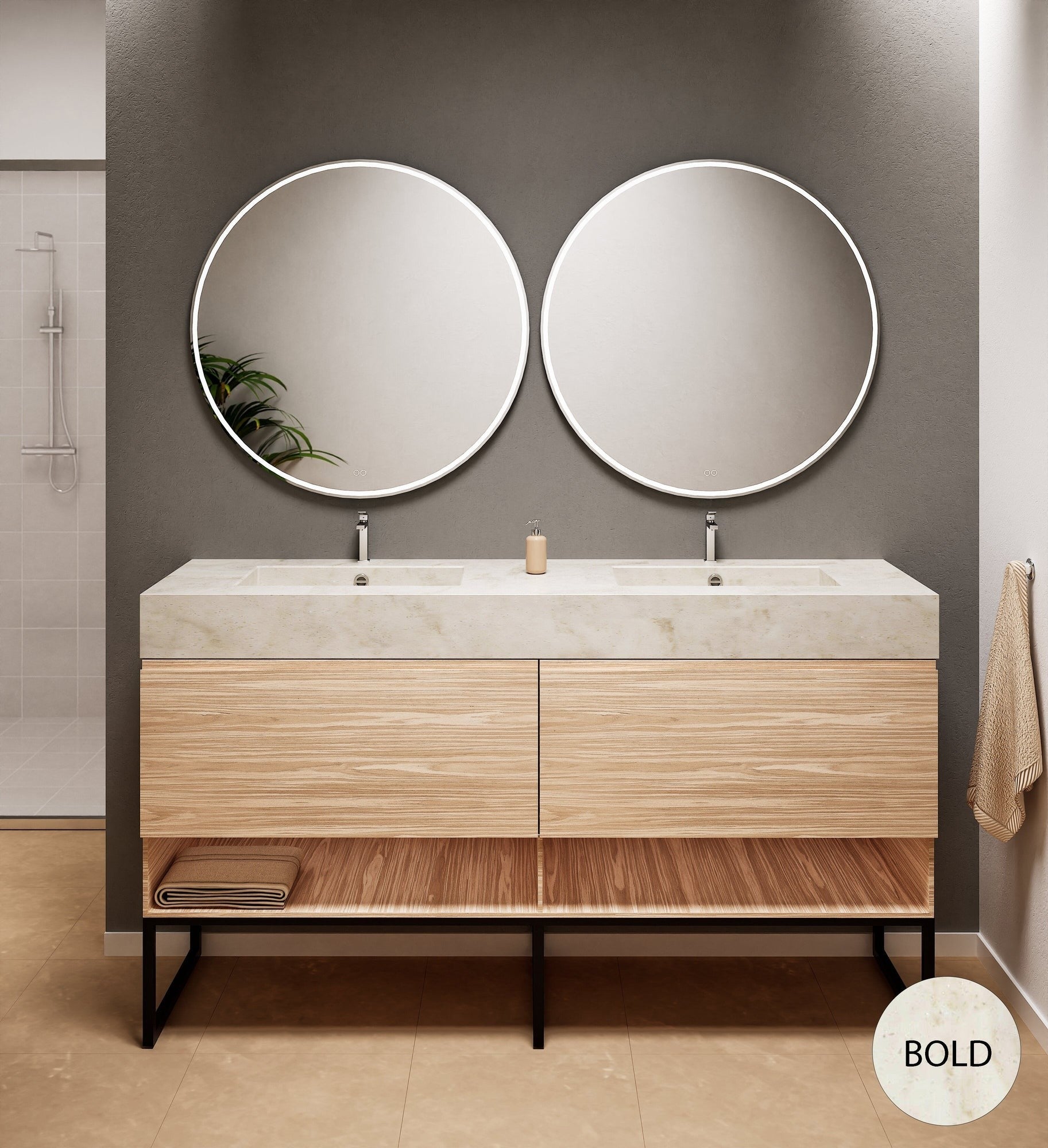 Aurora Double Set With Supporting Legs – Corian Sinks & Countertop with 2 Drawers Vanity & Bottom Shelves - ROVALUX