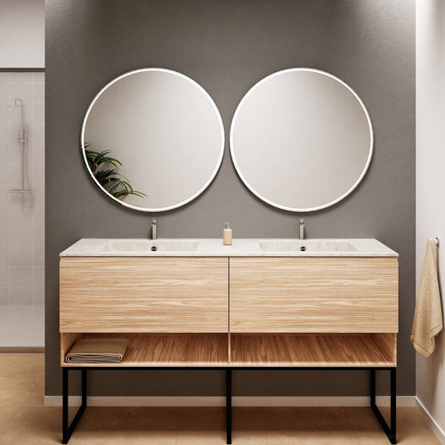 Aurora Double Set With Supporting Legs – Corian Sinks & Countertop with 2 Drawers Vanity & Bottom Shelves - ROVALUX