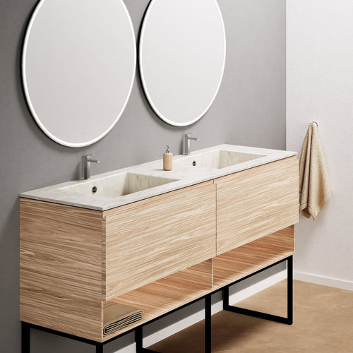 Aurora Double Set With Supporting Legs – Corian Sinks & Countertop with 2 Drawers Vanity & Bottom Shelves - ROVALUX