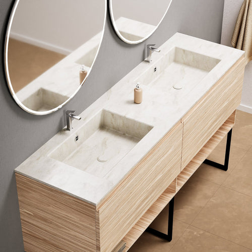 Aurora Double Set With Supporting Legs – Corian Sinks & Countertop with 2 Drawers Vanity & Bottom Shelves - ROVALUX