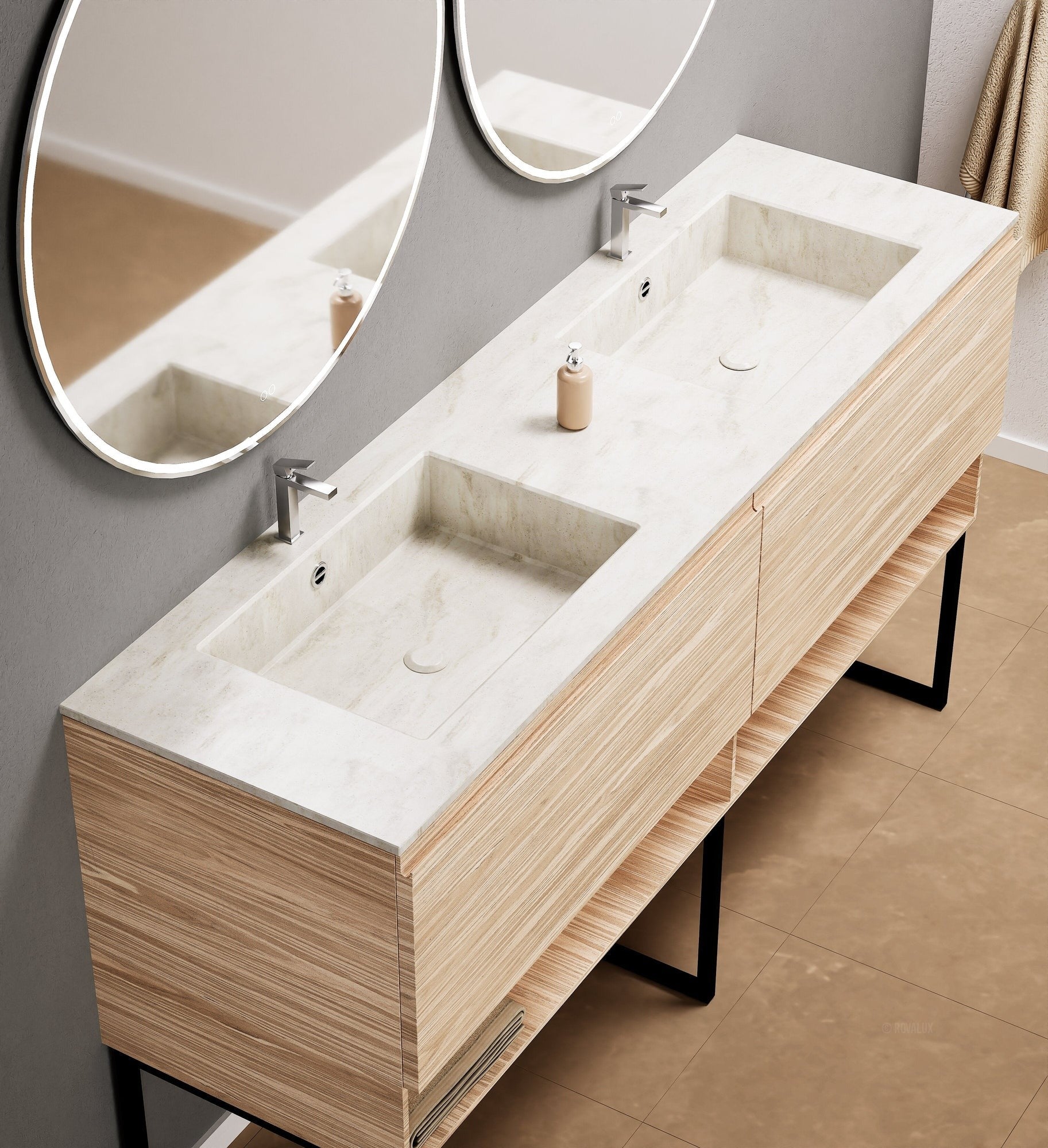 Aurora Double Set With Supporting Legs – Corian Sinks & Countertop with 2 Drawers Vanity & Bottom Shelves - ROVALUX