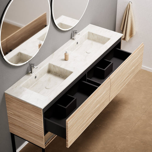Aurora Double Set With Supporting Legs – Corian Sinks & Countertop with 2 Drawers Vanity & Bottom Shelves - ROVALUX
