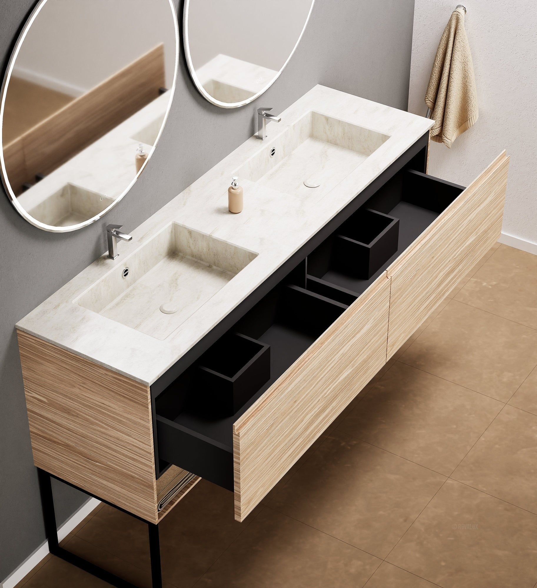 Aurora Double Set With Supporting Legs – Corian Sinks & Countertop with 2 Drawers Vanity & Bottom Shelves - ROVALUX