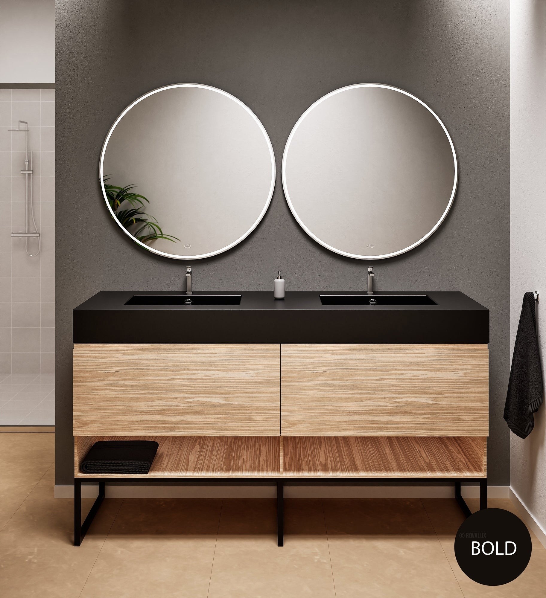 Aurora Double Set With Supporting Legs – Corian Sinks & Countertop with 2 Drawers Vanity & Bottom Shelves - ROVALUX
