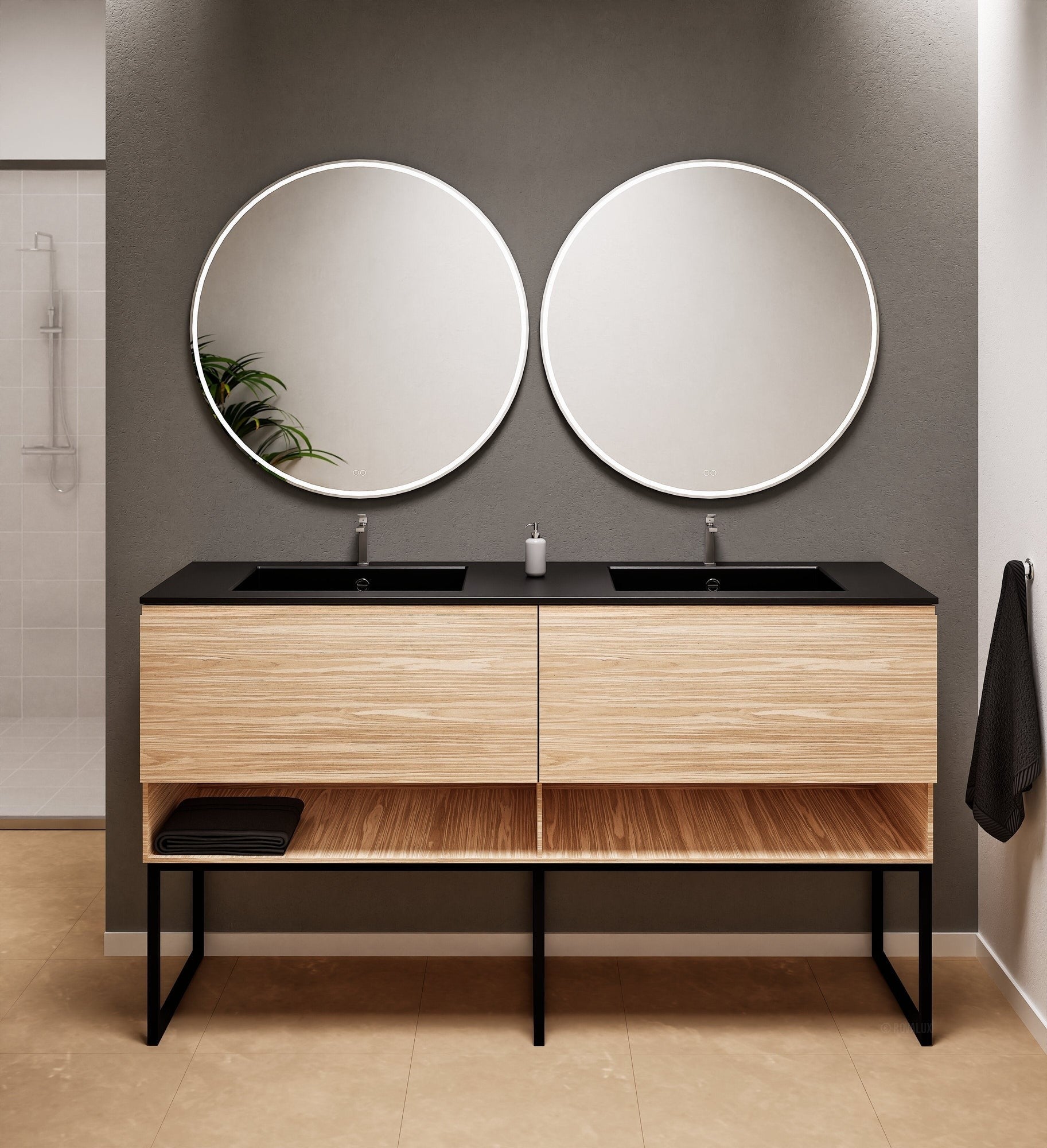 Aurora Double Set With Supporting Legs – Corian Sinks & Countertop with 2 Drawers Vanity & Bottom Shelves - ROVALUX