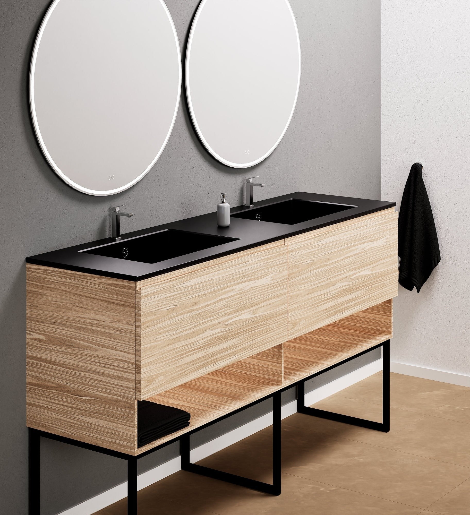 Aurora Double Set With Supporting Legs – Corian Sinks & Countertop with 2 Drawers Vanity & Bottom Shelves - ROVALUX