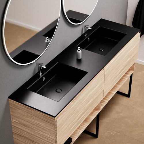 Aurora Double Set With Supporting Legs – Corian Sinks & Countertop with 2 Drawers Vanity & Bottom Shelves - ROVALUX