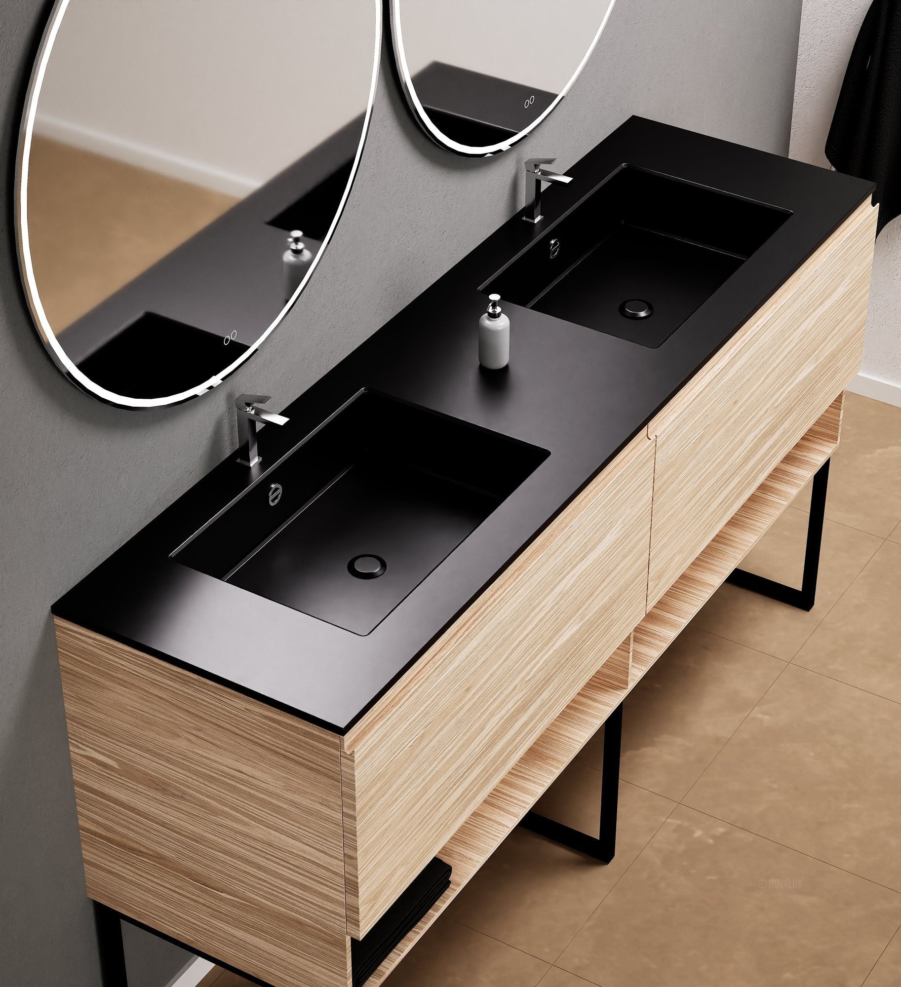 Aurora Double Set With Supporting Legs – Corian Sinks & Countertop with 2 Drawers Vanity & Bottom Shelves - ROVALUX