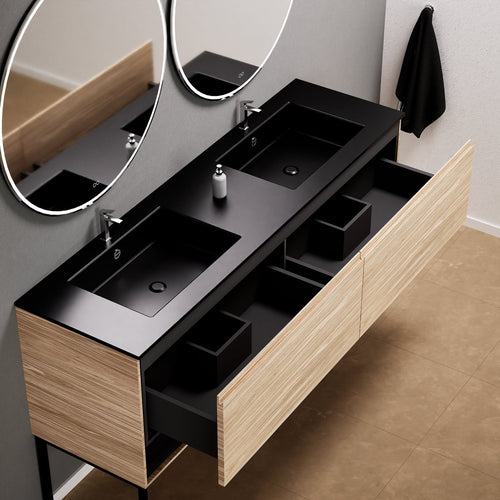 Aurora Double Set With Supporting Legs – Corian Sinks & Countertop with 2 Drawers Vanity & Bottom Shelves - ROVALUX
