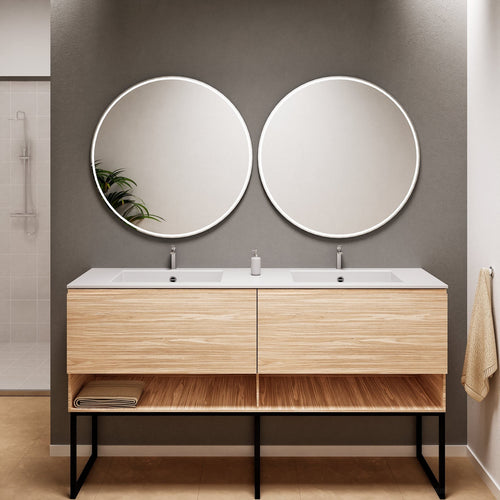 Aurora Double Set With Supporting Legs – Corian Sinks & Countertop with 2 Drawers Vanity & Bottom Shelves - ROVALUX