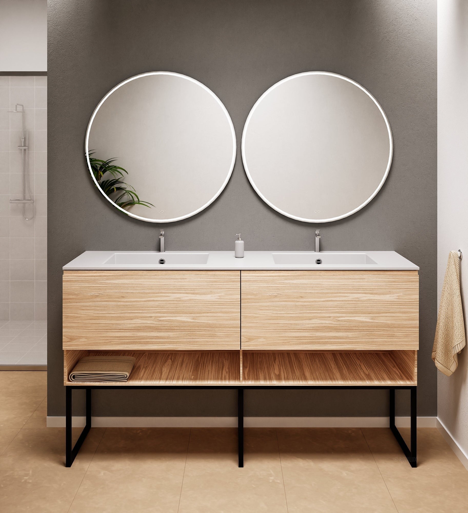 Aurora Double Set With Supporting Legs – Corian Sinks & Countertop with 2 Drawers Vanity & Bottom Shelves - ROVALUX
