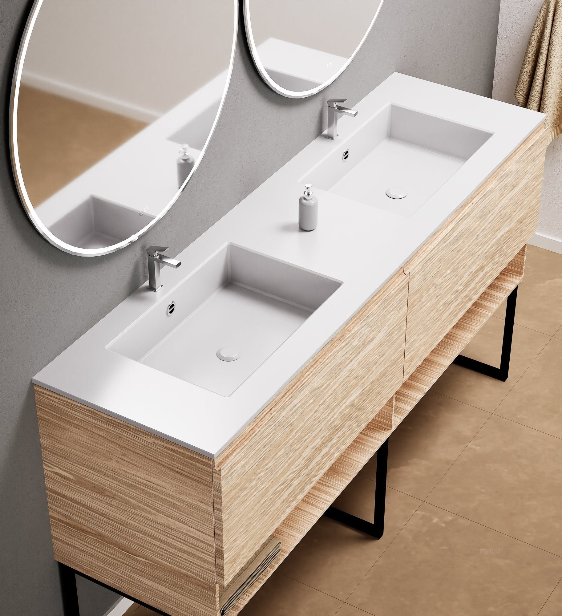 Aurora Double Set With Supporting Legs – Corian Sinks & Countertop with 2 Drawers Vanity & Bottom Shelves - ROVALUX