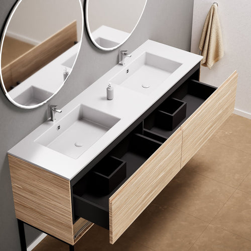 Aurora Double Set With Supporting Legs – Corian Sinks & Countertop with 2 Drawers Vanity & Bottom Shelves - ROVALUX