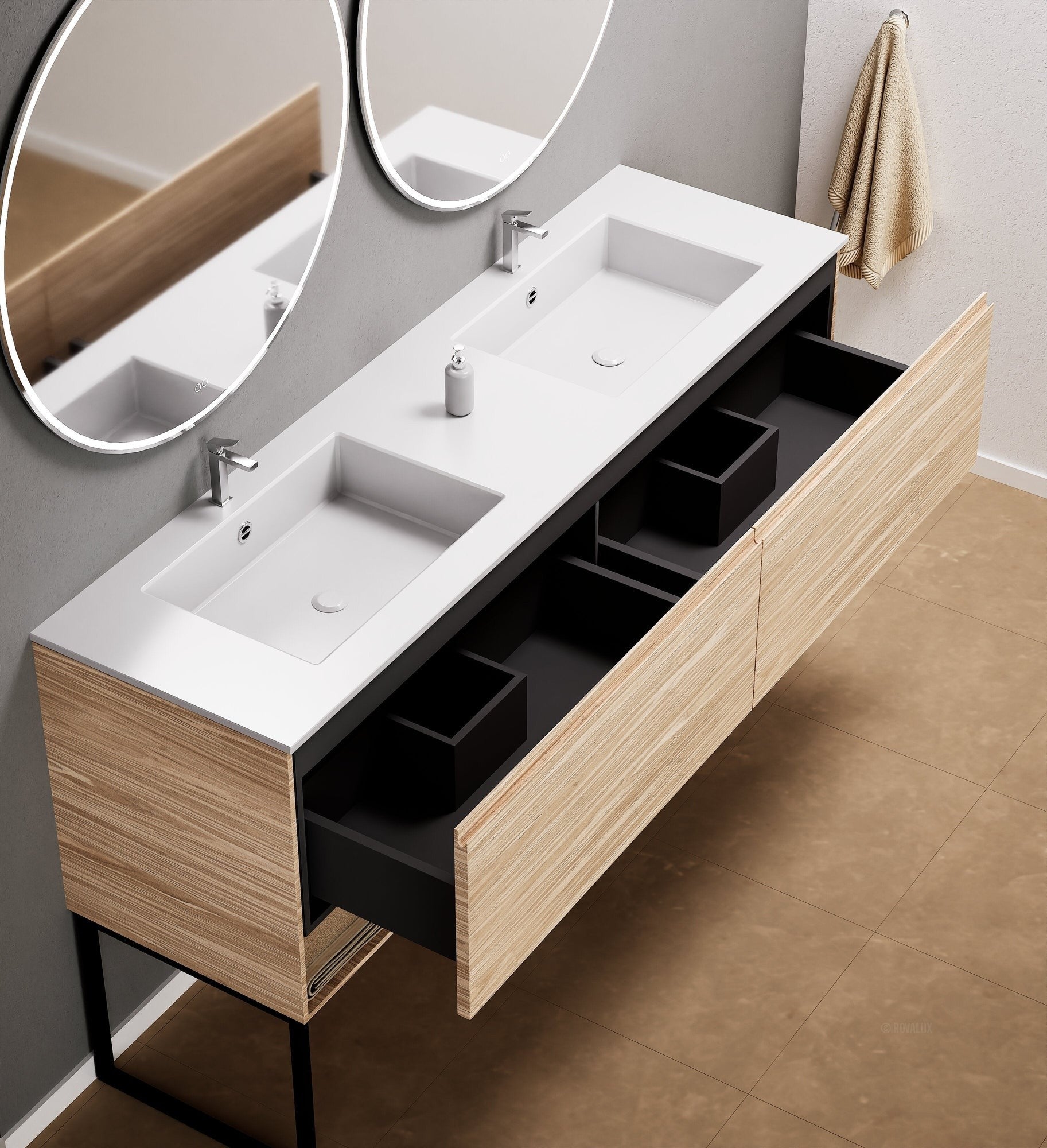Aurora Double Set With Supporting Legs – Corian Sinks & Countertop with 2 Drawers Vanity & Bottom Shelves - ROVALUX