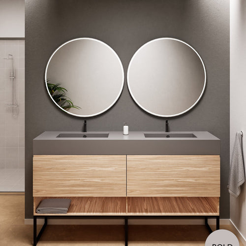 Aurora Double Set With Supporting Legs – Corian Sinks & Countertop with 2 Drawers Vanity & Bottom Shelves - ROVALUX