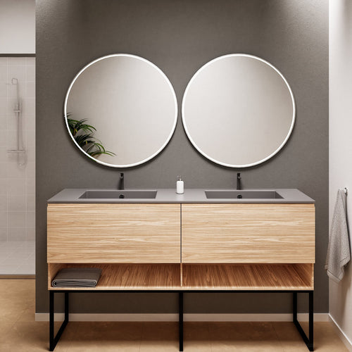 Aurora Double Set With Supporting Legs – Corian Sinks & Countertop with 2 Drawers Vanity & Bottom Shelves - ROVALUX