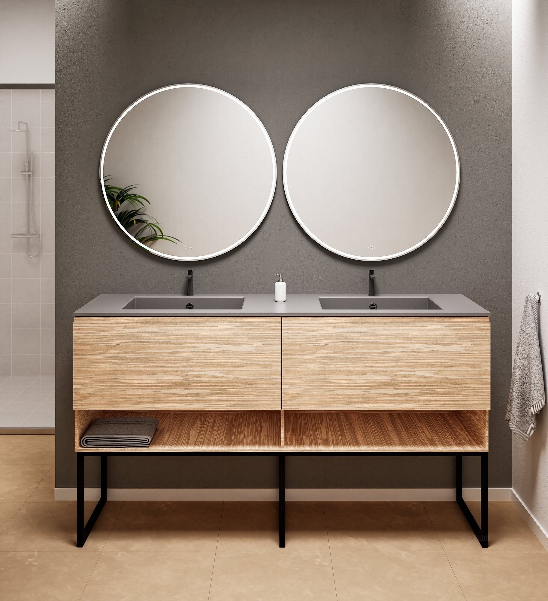 Aurora Double Set With Supporting Legs – Corian Sinks & Countertop with 2 Drawers Vanity & Bottom Shelves - ROVALUX