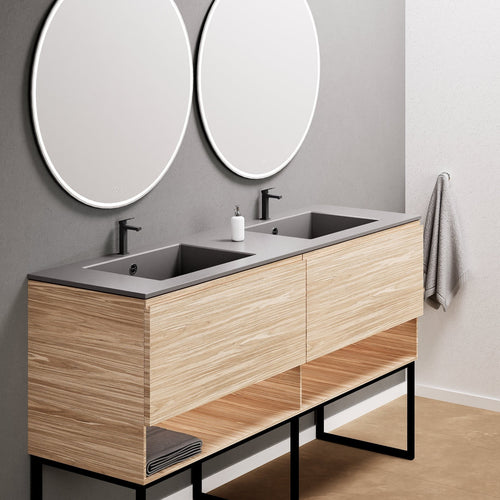 Aurora Double Set With Supporting Legs – Corian Sinks & Countertop with 2 Drawers Vanity & Bottom Shelves - ROVALUX