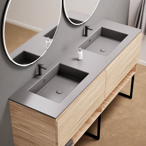 Aurora Double Set With Supporting Legs – Corian Sinks & Countertop with 2 Drawers Vanity & Bottom Shelves - ROVALUX