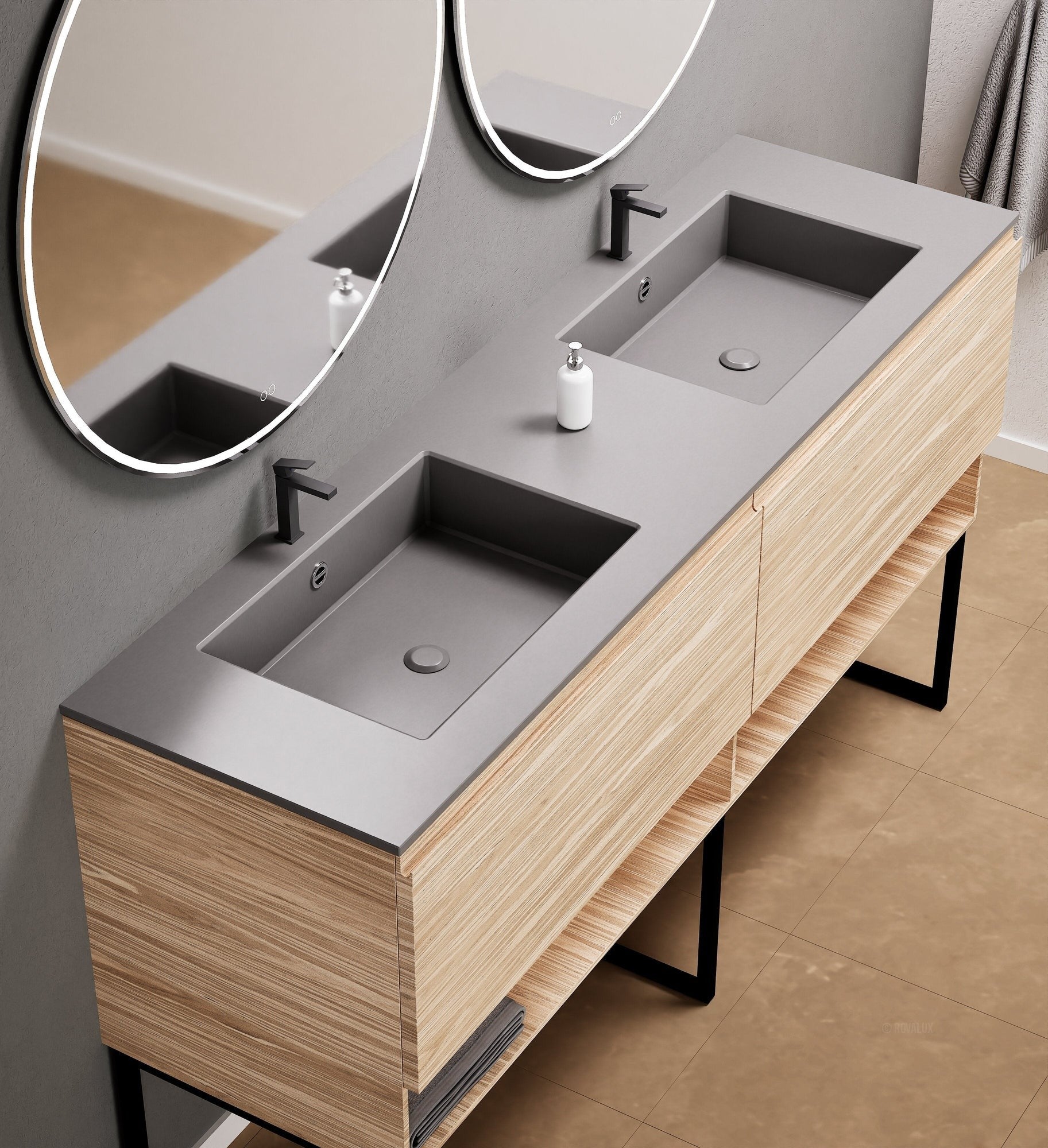 Aurora Double Set With Supporting Legs – Corian Sinks & Countertop with 2 Drawers Vanity & Bottom Shelves - ROVALUX