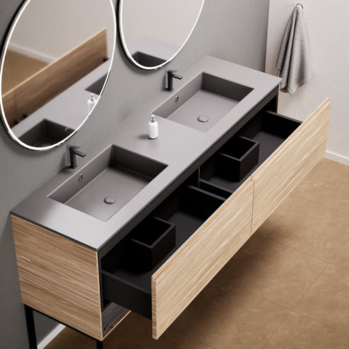 Aurora Double Set With Supporting Legs – Corian Sinks & Countertop with 2 Drawers Vanity & Bottom Shelves - ROVALUX