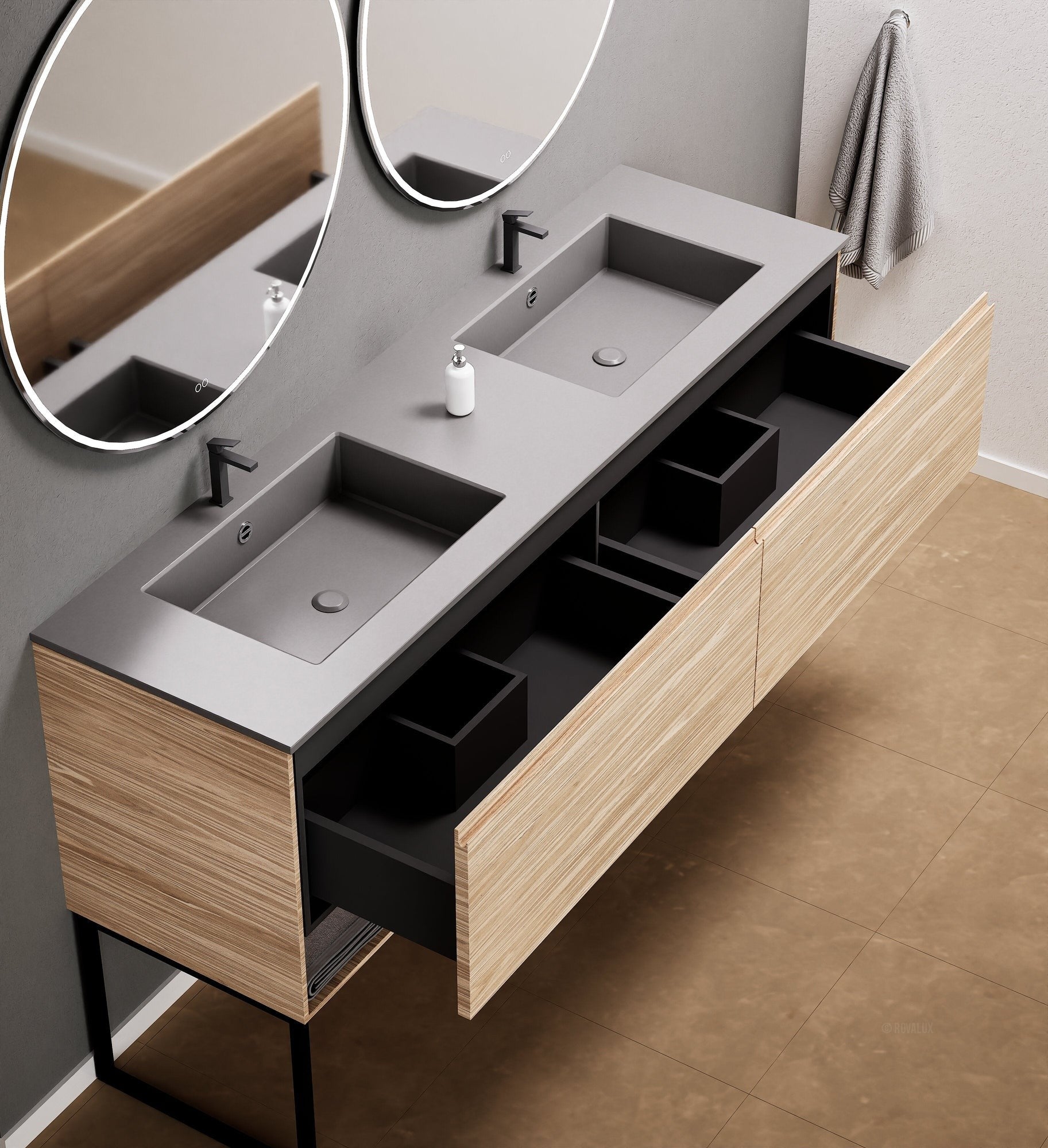 Aurora Double Set With Supporting Legs – Corian Sinks & Countertop with 2 Drawers Vanity & Bottom Shelves - ROVALUX