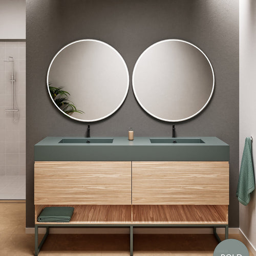 Aurora Double Set With Supporting Legs – Corian Sinks & Countertop with 2 Drawers Vanity & Bottom Shelves - ROVALUX