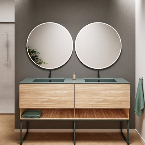 Aurora Double Set With Supporting Legs – Corian Sinks & Countertop with 2 Drawers Vanity & Bottom Shelves - ROVALUX