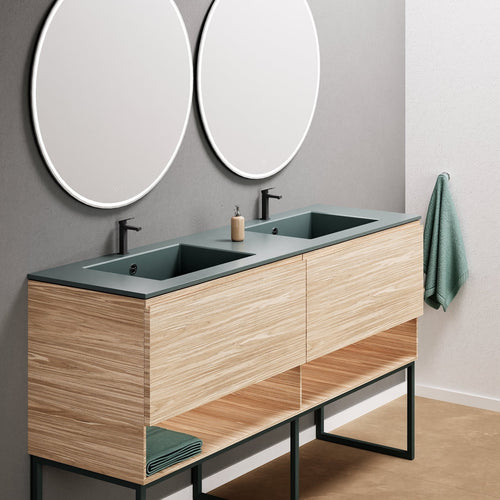 Aurora Double Set With Supporting Legs – Corian Sinks & Countertop with 2 Drawers Vanity & Bottom Shelves - ROVALUX