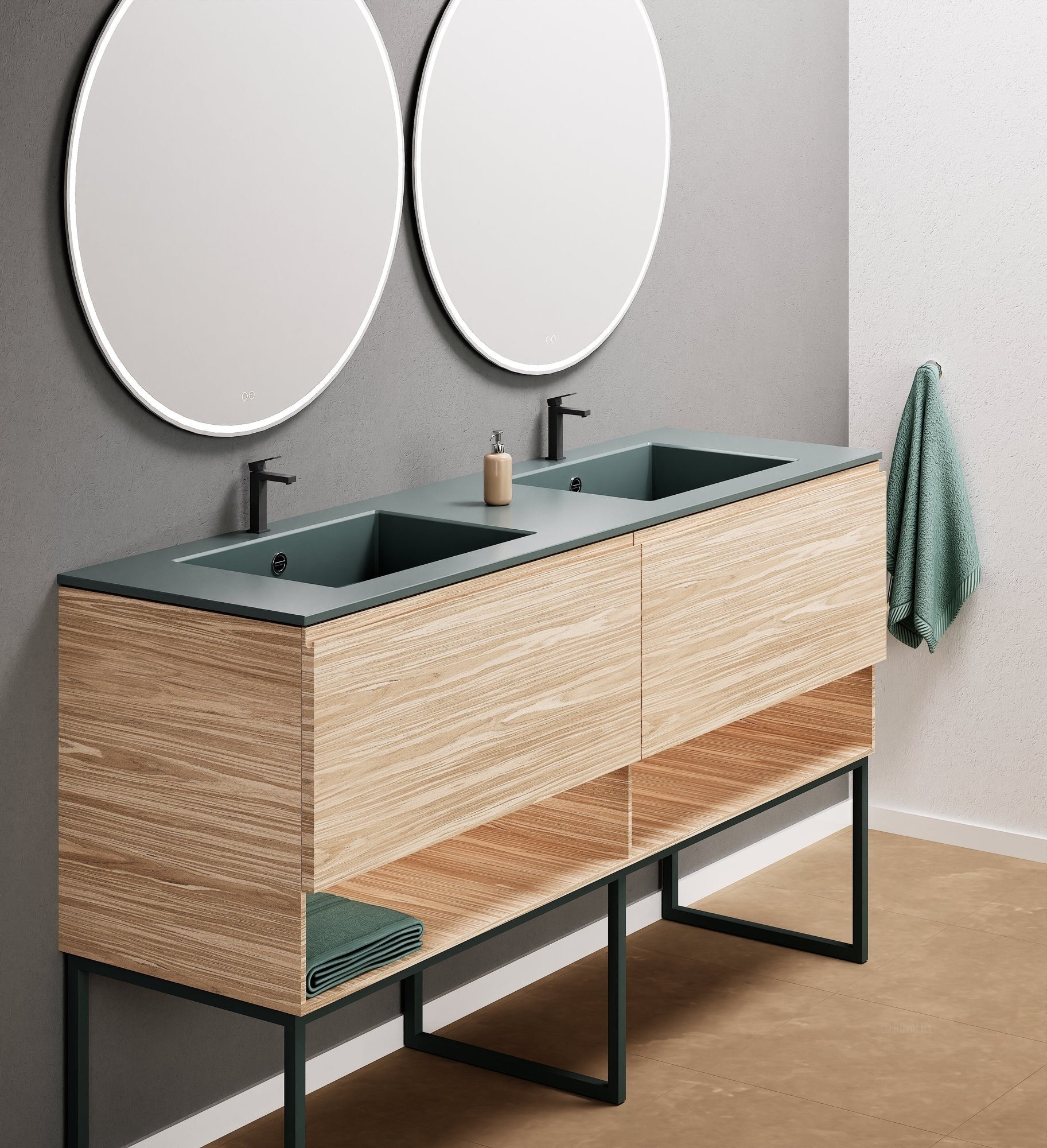 Aurora Double Set With Supporting Legs – Corian Sinks & Countertop with 2 Drawers Vanity & Bottom Shelves - ROVALUX