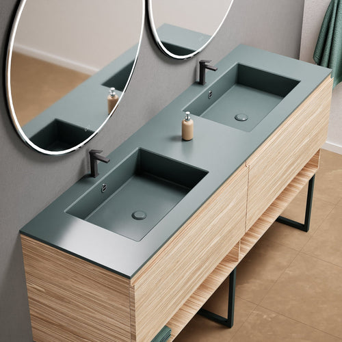Aurora Double Set With Supporting Legs – Corian Sinks & Countertop with 2 Drawers Vanity & Bottom Shelves - ROVALUX