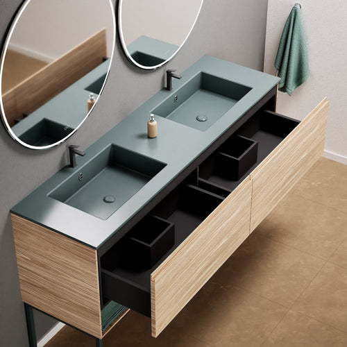 Aurora Double Set With Supporting Legs – Corian Sinks & Countertop with 2 Drawers Vanity & Bottom Shelves - ROVALUX