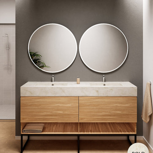 Aurora Double Set With Supporting Legs – Corian Sinks & Countertop with 2 Drawers Vanity & Bottom Shelves - ROVALUX