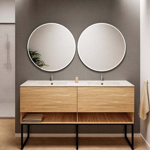 Aurora Double Set With Supporting Legs – Corian Sinks & Countertop with 2 Drawers Vanity & Bottom Shelves - ROVALUX