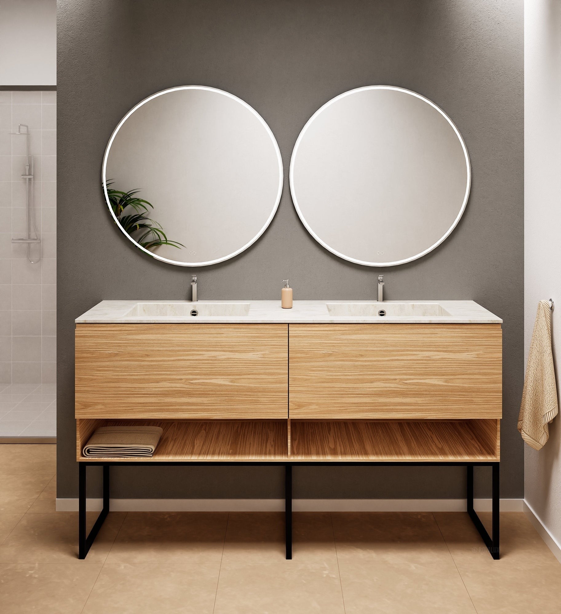Aurora Double Set With Supporting Legs – Corian Sinks & Countertop with 2 Drawers Vanity & Bottom Shelves - ROVALUX