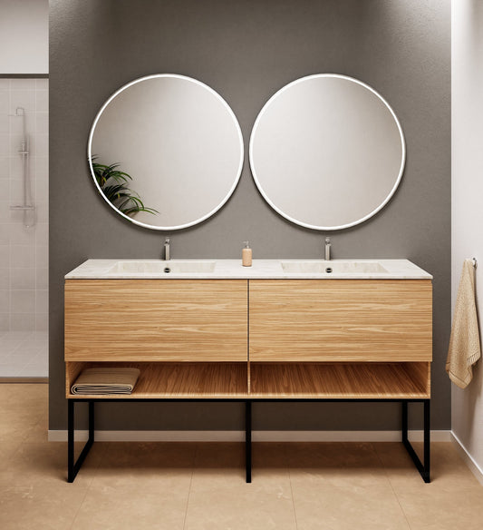 Aurora Double Set With Supporting Legs – Corian Sinks & Countertop with 2 Drawers Vanity & Bottom Shelves - ROVALUX