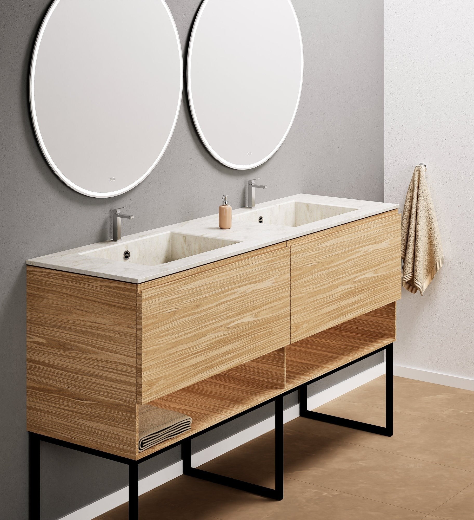 Aurora Double Set With Supporting Legs – Corian Sinks & Countertop with 2 Drawers Vanity & Bottom Shelves - ROVALUX