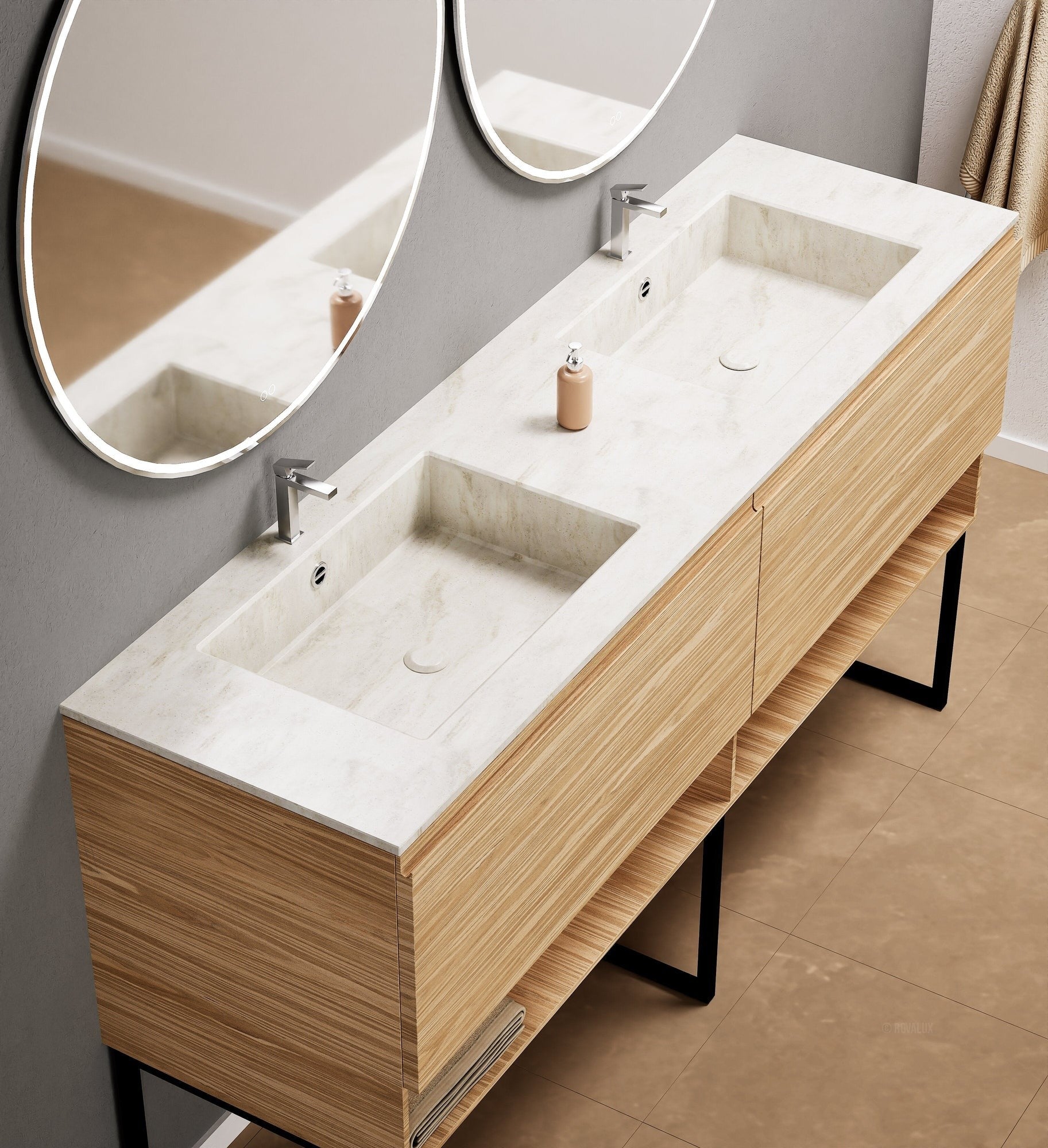 Aurora Double Set With Supporting Legs – Corian Sinks & Countertop with 2 Drawers Vanity & Bottom Shelves - ROVALUX