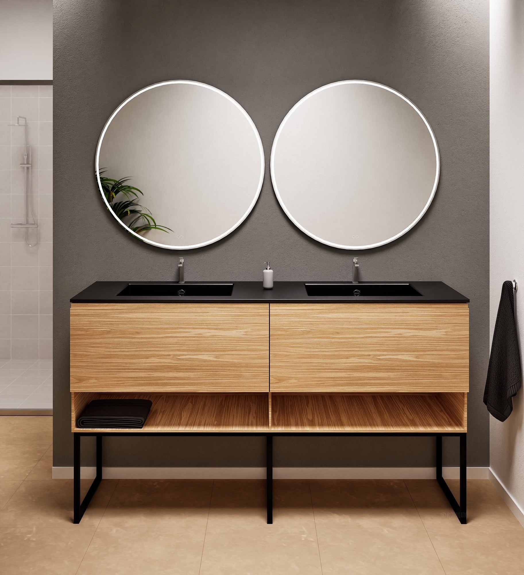 Aurora Double Set With Supporting Legs – Corian Sinks & Countertop with 2 Drawers Vanity & Bottom Shelves - ROVALUX