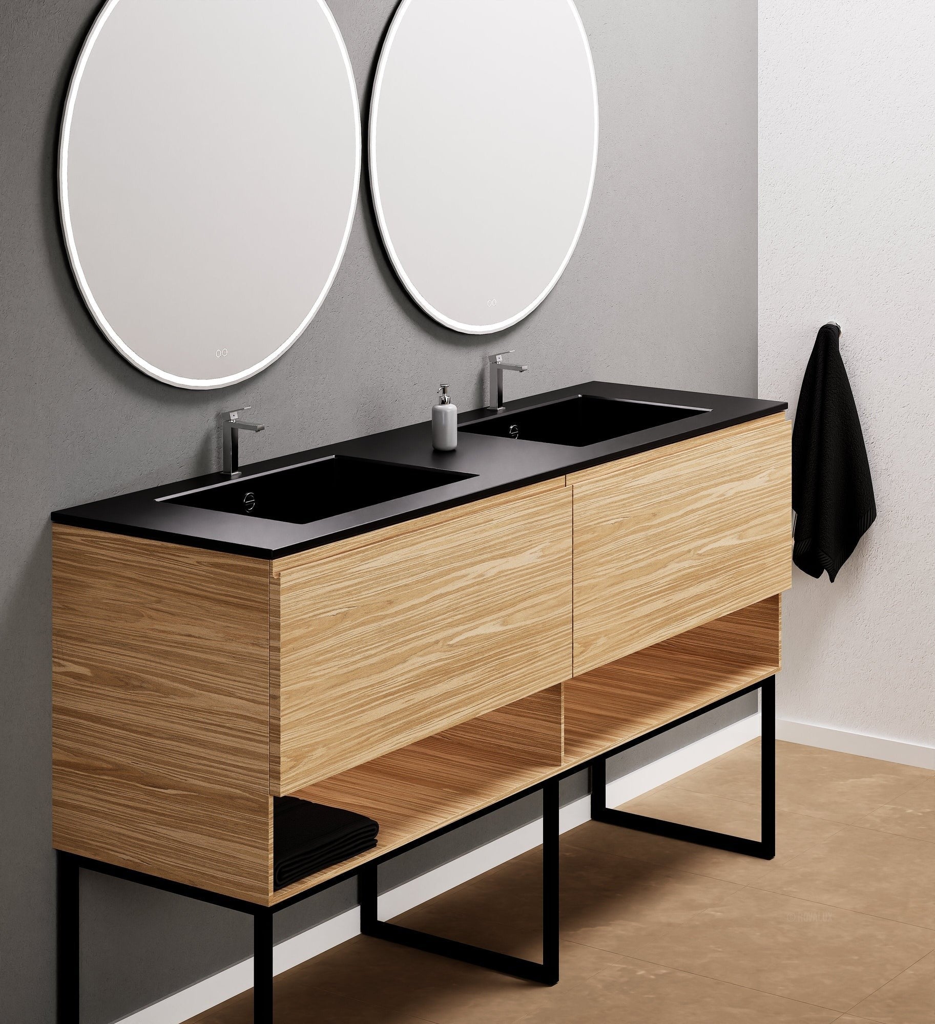 Aurora Double Set With Supporting Legs – Corian Sinks & Countertop with 2 Drawers Vanity & Bottom Shelves - ROVALUX