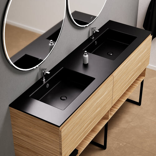 Aurora Double Set With Supporting Legs – Corian Sinks & Countertop with 2 Drawers Vanity & Bottom Shelves - ROVALUX