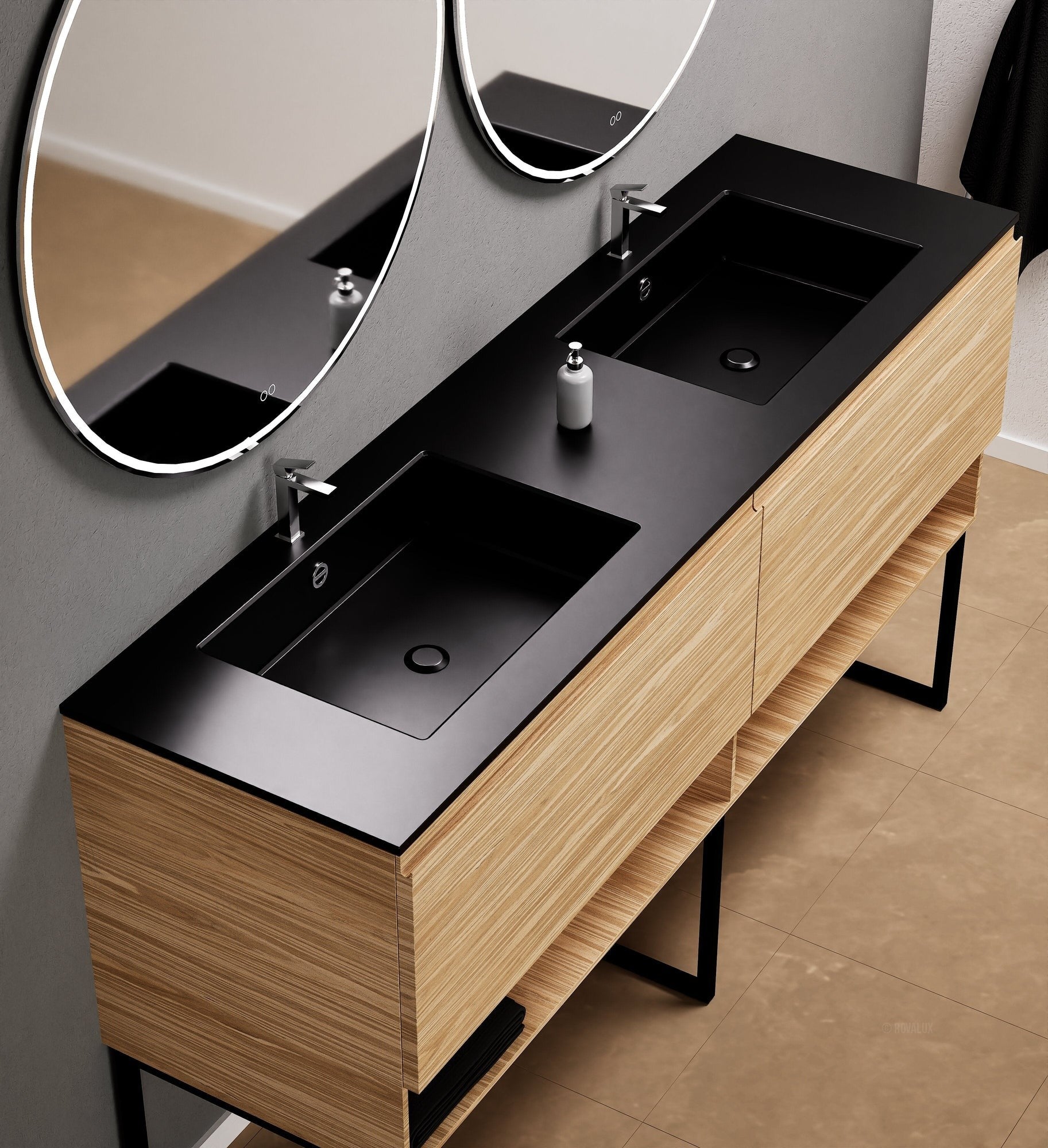 Aurora Double Set With Supporting Legs – Corian Sinks & Countertop with 2 Drawers Vanity & Bottom Shelves - ROVALUX