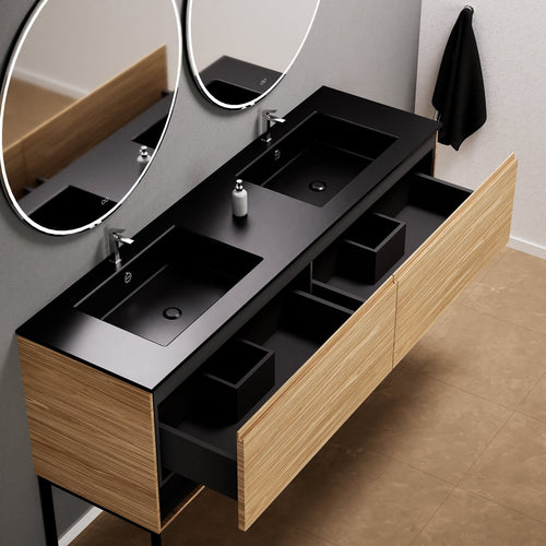 Aurora Double Set With Supporting Legs – Corian Sinks & Countertop with 2 Drawers Vanity & Bottom Shelves - ROVALUX
