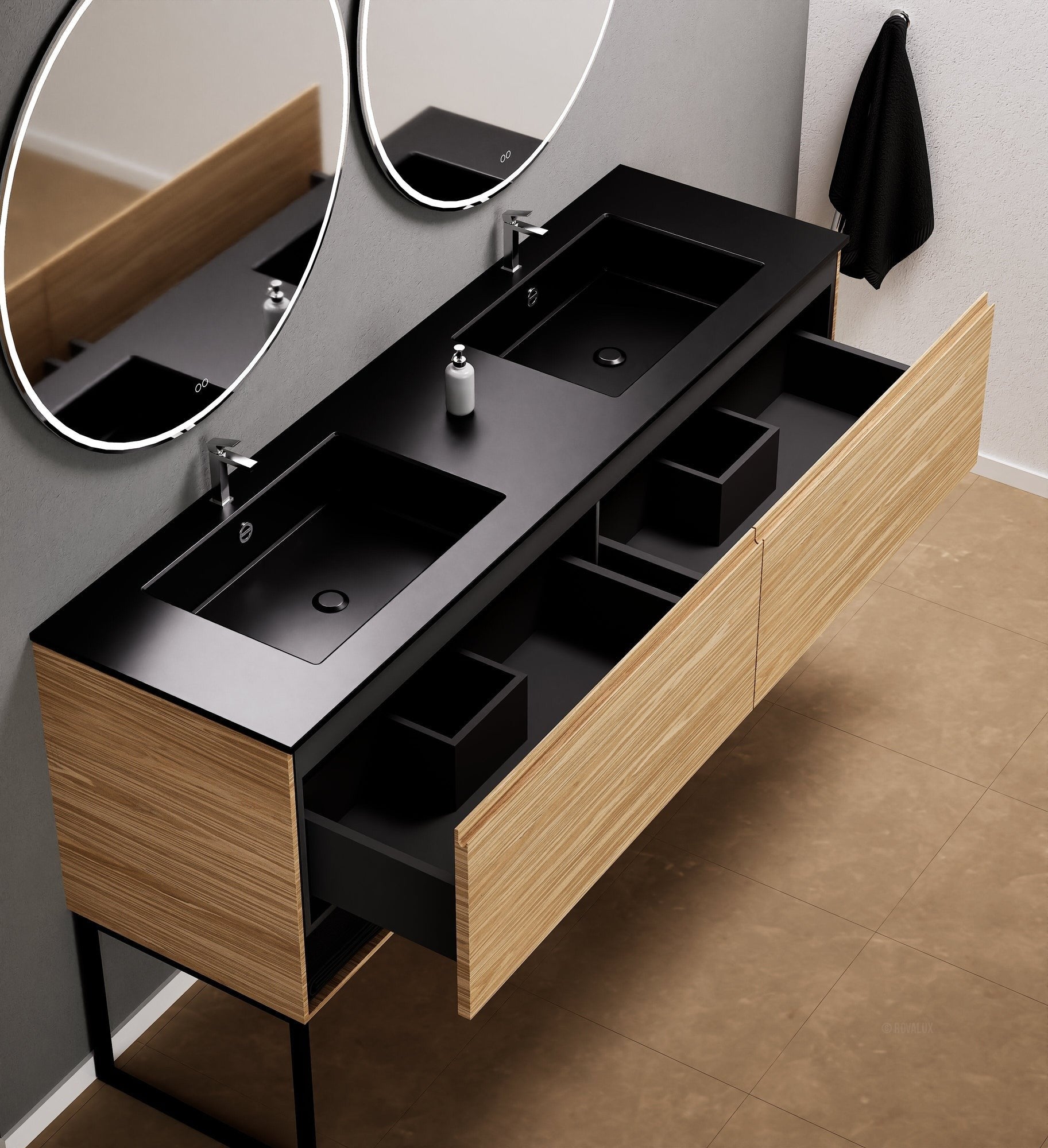 Aurora Double Set With Supporting Legs – Corian Sinks & Countertop with 2 Drawers Vanity & Bottom Shelves - ROVALUX