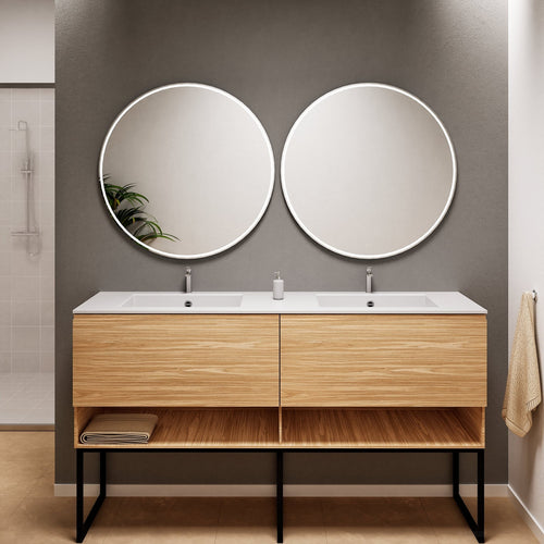 Aurora Double Set With Supporting Legs – Corian Sinks & Countertop with 2 Drawers Vanity & Bottom Shelves - ROVALUX